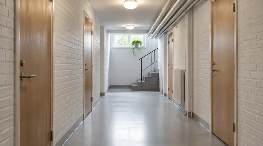 Ren källargång i ett flerfamiljshus med målade tegelväggar och trädörrar