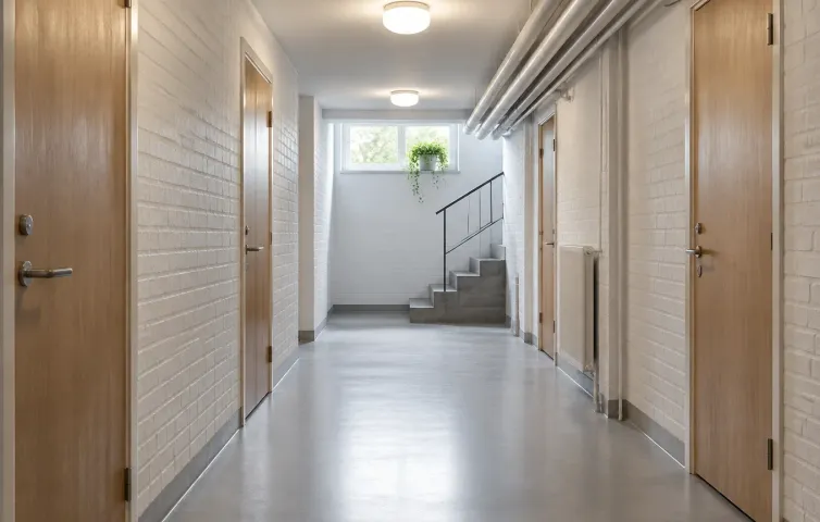 Ren källargång i ett flerfamiljshus med målade tegelväggar och trädörrar