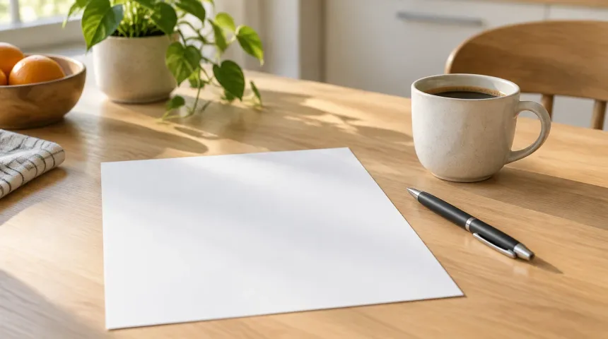 Tomt papper och penna på ett köksbord bredvid en kopp kaffe i morgonljus