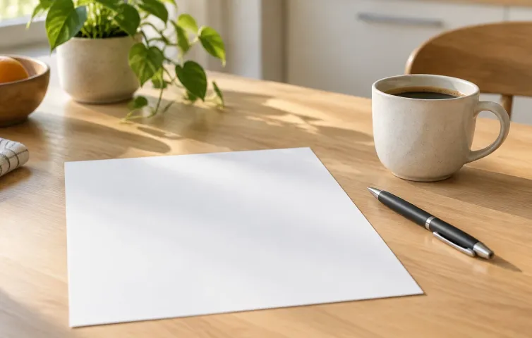 Tomt papper och penna på ett köksbord bredvid en kopp kaffe i morgonljus