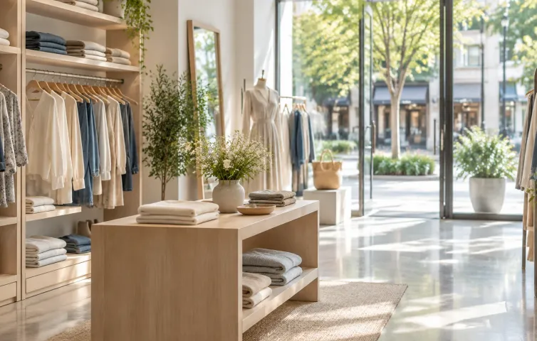 Liten klädbutik med ljusa hyllor och ett putsat skyltfönster i morgonljus