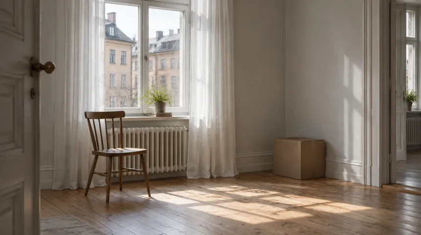 Tyst och tömt rum i en äldre lägenhet med stol vid fönstret och en sluten kartong