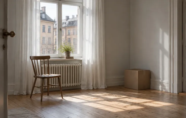 Tyst och tömt rum i en äldre lägenhet med stol vid fönstret och en sluten kartong
