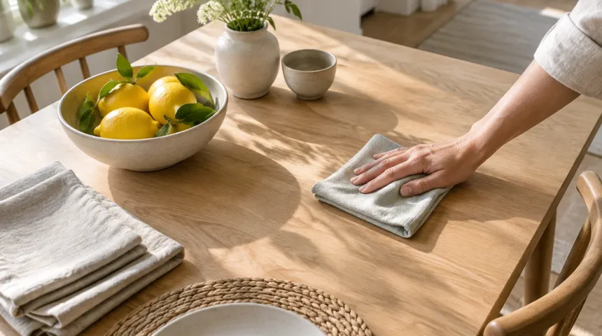 Hand som torkar av ett matbord med mikrofiberduk i ett ljust hem
