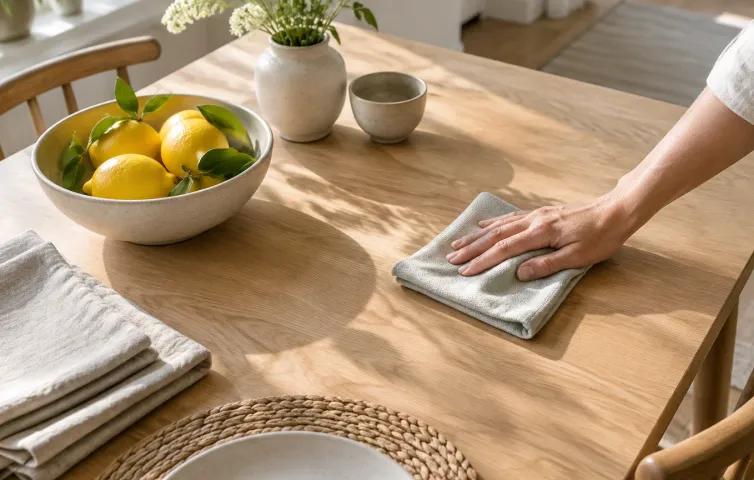 Hand som torkar av ett matbord med mikrofiberduk i ett ljust hem