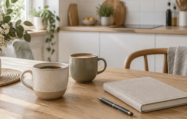 Två kaffekoppar och ett anteckningsblock på ett köksbord i morgonljus