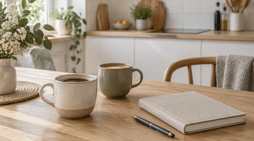 Två kaffekoppar och ett anteckningsblock på ett köksbord i morgonljus