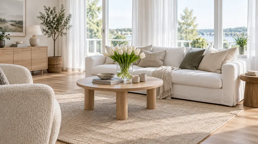Stilrent vardagsrum inför visning med vit soffa, tulpaner och nyputsat ljusinsläpp