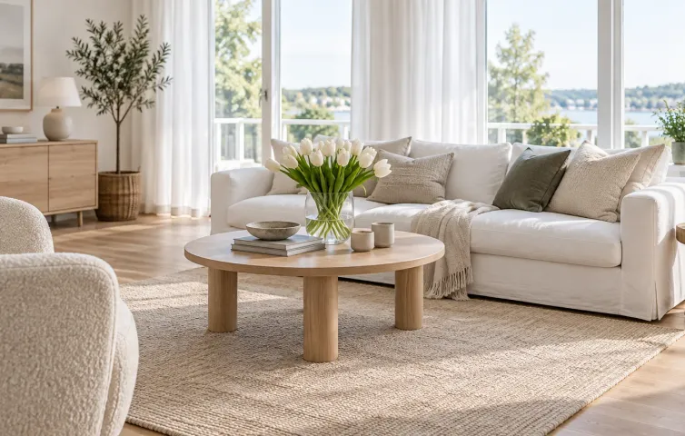 Stilrent vardagsrum inför visning med vit soffa, tulpaner och nyputsat ljusinsläpp