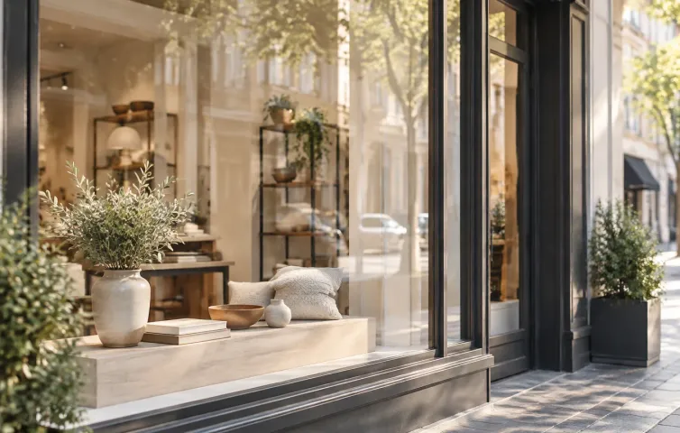Putsat skyltfönster till en liten butik med mjuk spegling av gatan