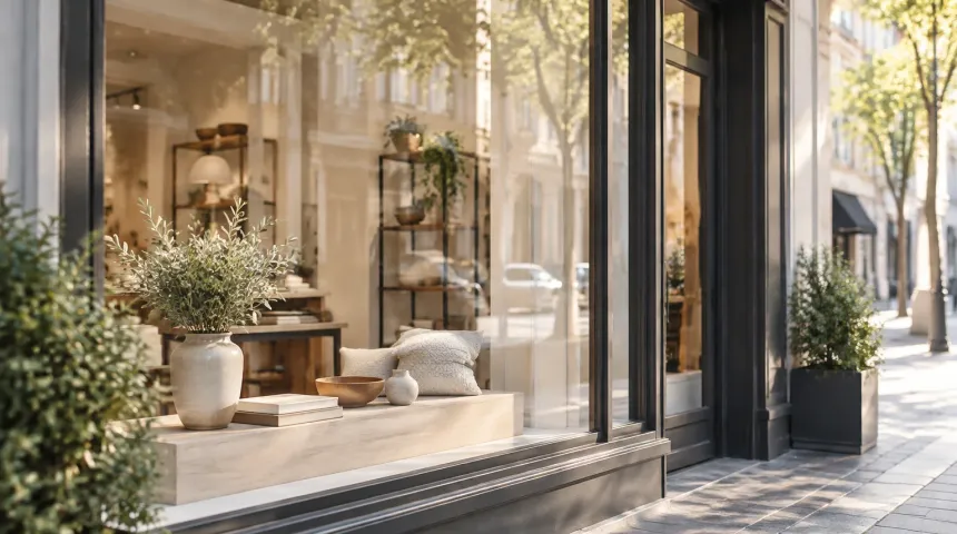 Putsat skyltfönster till en liten butik med mjuk spegling av gatan