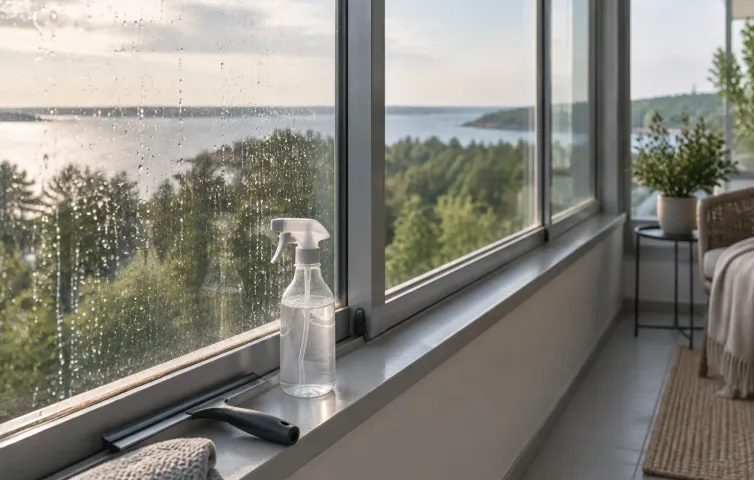 Inglasad balkong med skrapa och sprayflaska på fönsterbrädan och utsikt mot grönska