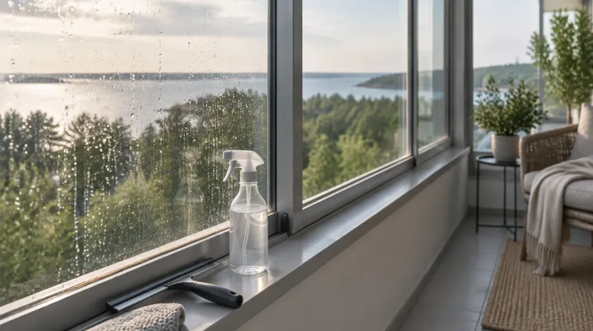 Inglasad balkong med skrapa och sprayflaska på fönsterbrädan och utsikt mot grönska