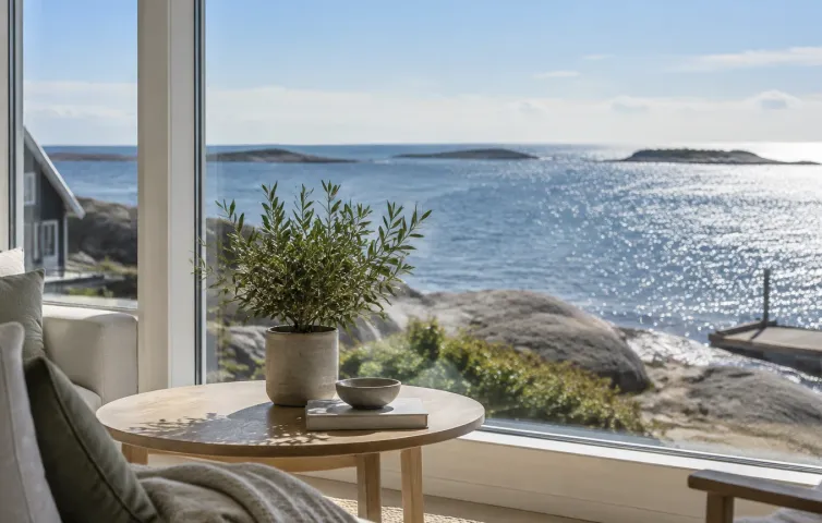 Stort fönster i ett kustnära hus med havet och solglitter i bakgrunden