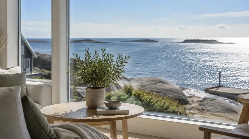 Stort fönster i ett kustnära hus med havet och solglitter i bakgrunden
