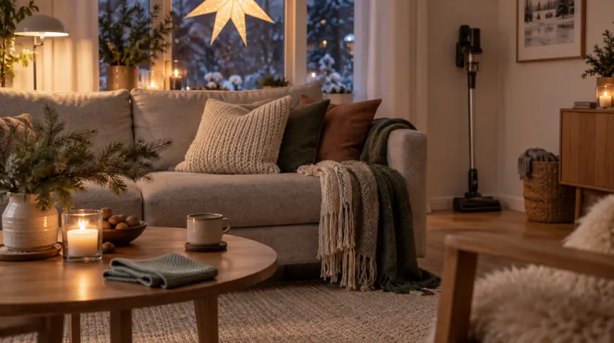 Vardagsrum i december med adventsljusstake, julkudde i soffan och en dammsugare vid väggen