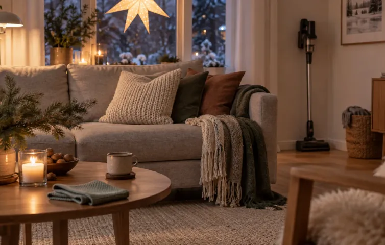 Vardagsrum i december med adventsljusstake, julkudde i soffan och en dammsugare vid väggen