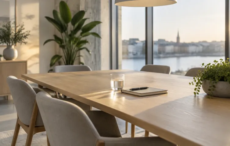 Tyst kontorsmöte tidigt på morgonen med dukat bord, stolar och stora fönster