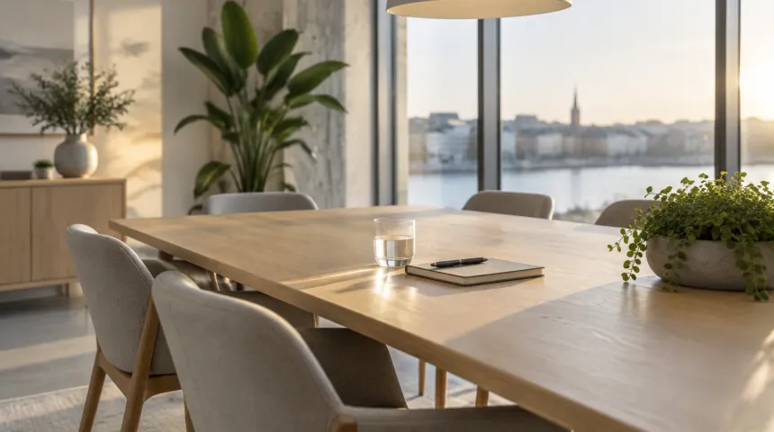 Tyst kontorsmöte tidigt på morgonen med dukat bord, stolar och stora fönster
