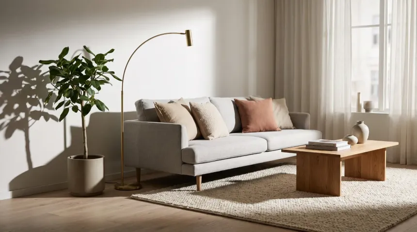 Ljust vardagsrum med grå soffa, ekbord och ullmatta i morgonljus