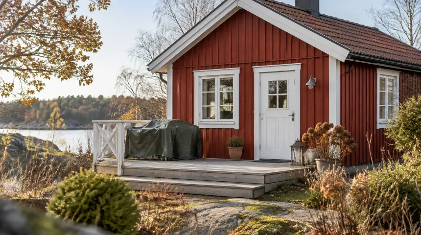 Litet nordiskt sommarhus med stängd dörr och övertäckta utemöbler på trallen