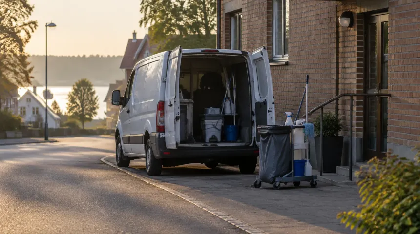 Liten svensk gata med en servicebil parkerad utanför en låg byggnad, städvagn vid öppna bakdörrar