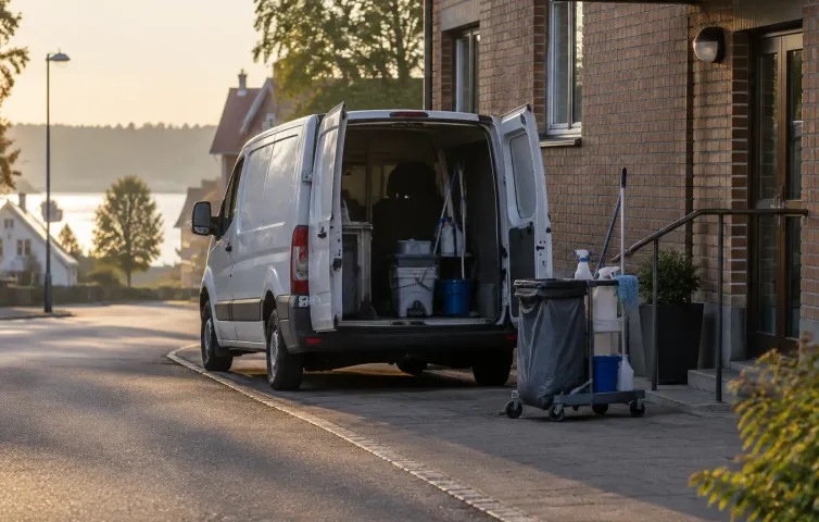 Liten svensk gata med en servicebil parkerad utanför en låg byggnad, städvagn vid öppna bakdörrar