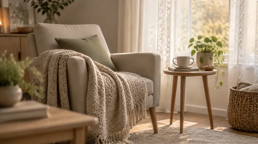 Lugn lägenhet med fåtölj, stickad filt, tekopp på sidobord och soft eftermiddagsljus