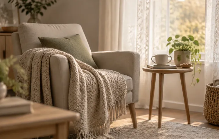 Lugn lägenhet med fåtölj, stickad filt, tekopp på sidobord och soft eftermiddagsljus