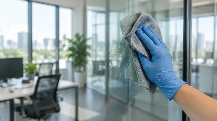 Hand i handske som torkar en glasskiva i ett kontor med mikrofiberduk