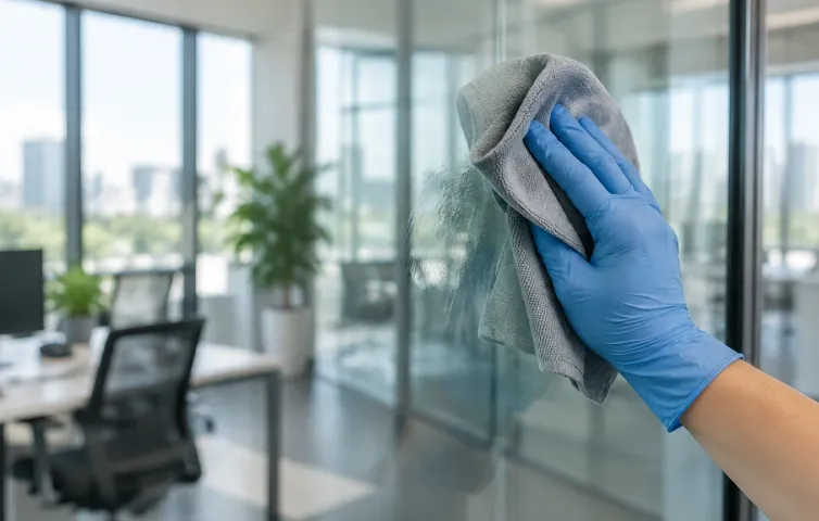 Hand i handske som torkar en glasskiva i ett kontor med mikrofiberduk