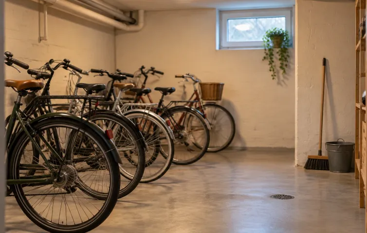 Rent betonggolv i ett cykelrum med cyklar i prydlig rad och hink och sopborste vid väggen