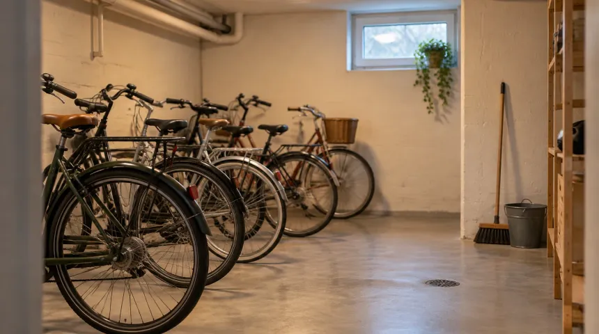 Rent betonggolv i ett cykelrum med cyklar i prydlig rad och hink och sopborste vid väggen