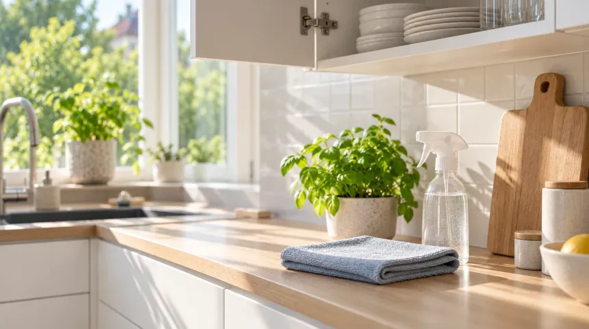 Ljus köksbänk i ek med vikt mikrofibertrasa, sprayflaska och basilika