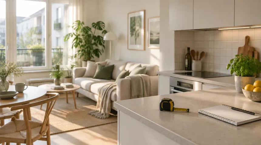 Ljus liten lägenhet med kök och matplats, måttband och anteckningsblock på bänken