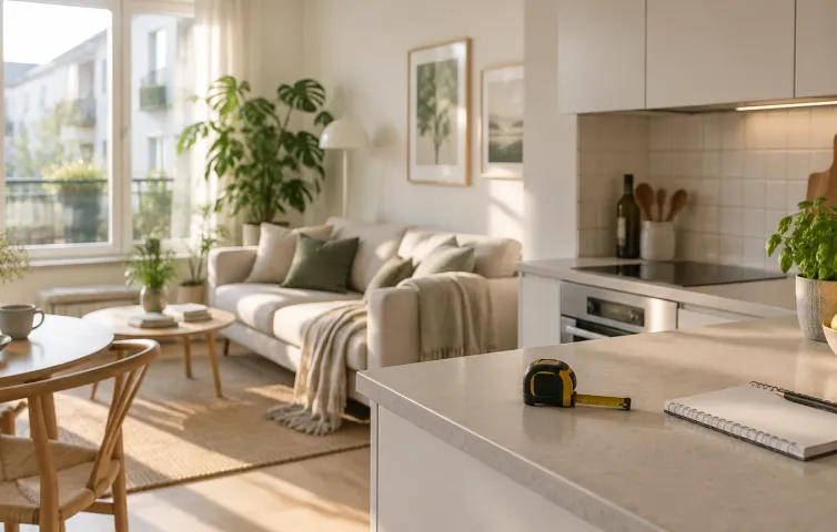 Ljus liten lägenhet med kök och matplats, måttband och anteckningsblock på bänken