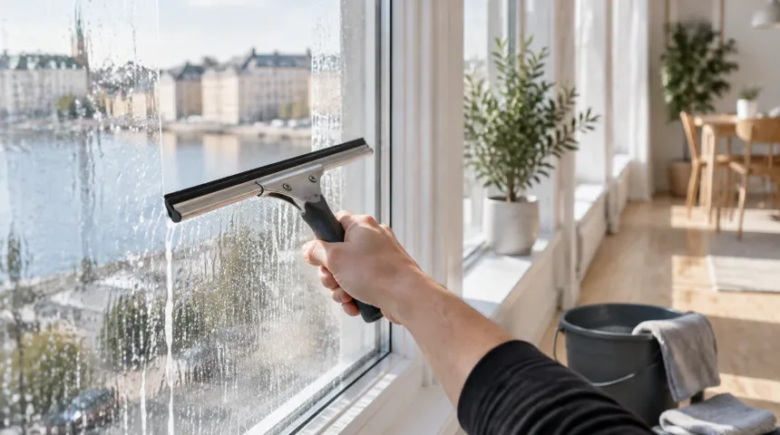 Fönster som putsas med skrapa i ett ljust hem, med vatten som rinner längs glaset