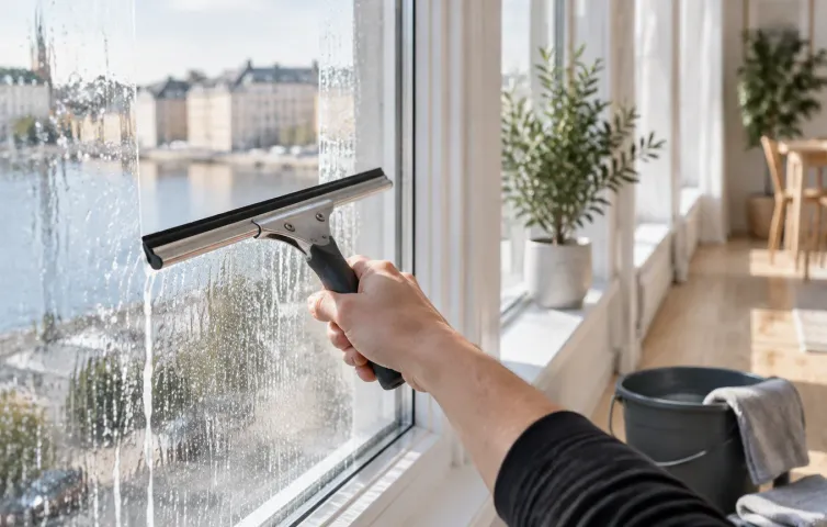 Fönster som putsas med skrapa i ett ljust hem, med vatten som rinner längs glaset