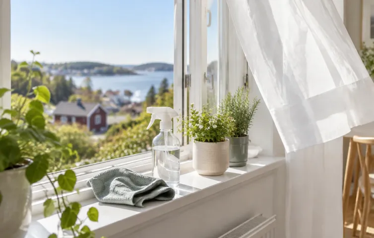 Öppet fönster med lätt skirgardin och putsmedel på fönsterbrädan under vårstädning