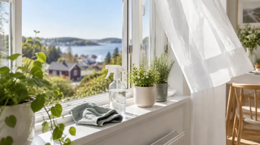 Öppet fönster med lätt skirgardin och putsmedel på fönsterbrädan under vårstädning