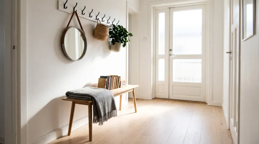 Ljus hall med ekbänk, rund spegel och nystädat trägolv