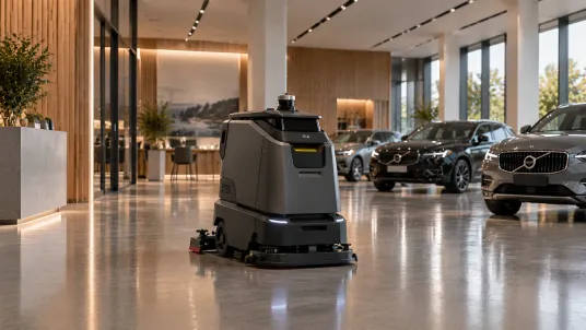 Självgående skurmaskin som skurar betonggolvet i en bilhall