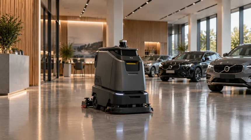 Självgående skurrobot som skurar betonggolvet i en ljus bilhall